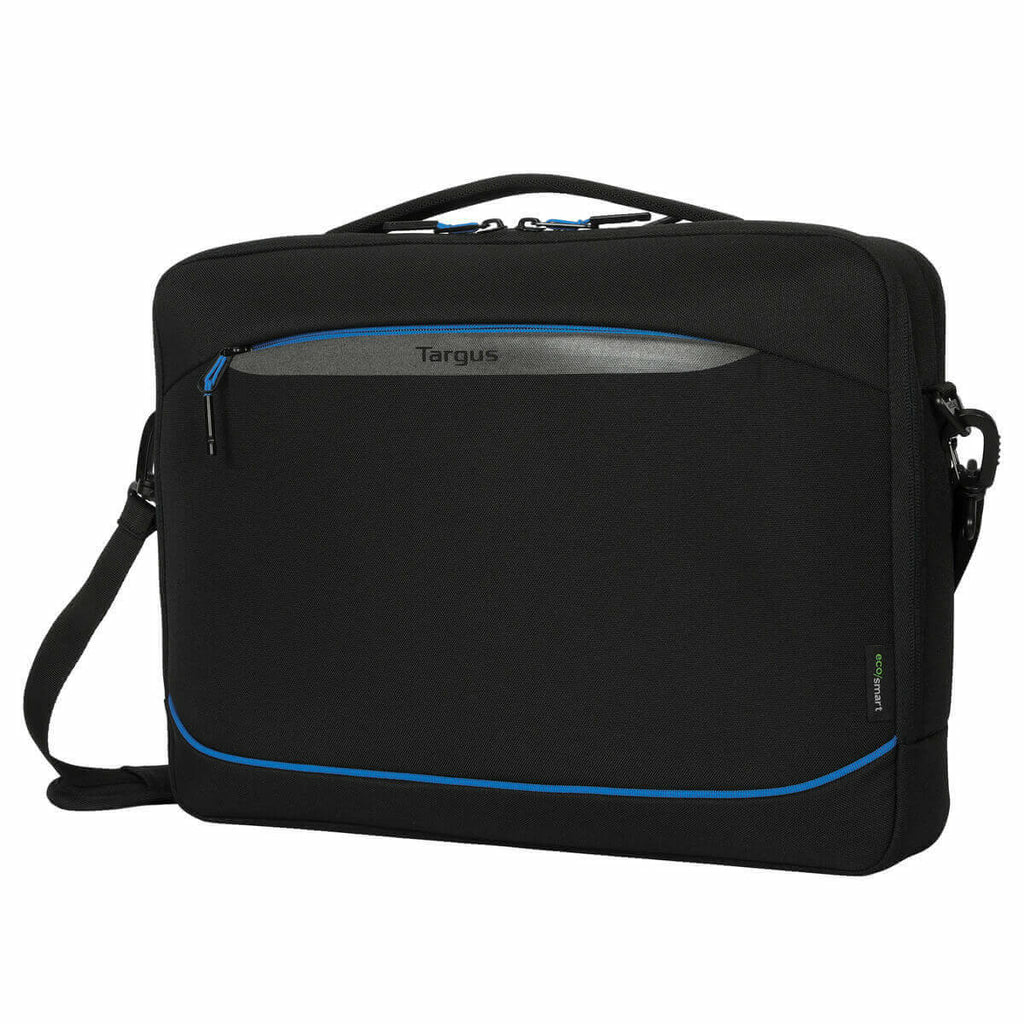 Borsa per laptop Targus nera con dettagli blu. Cerniera grigia. Tracolla attaccata. Logo 'EcoSmart' visibile.