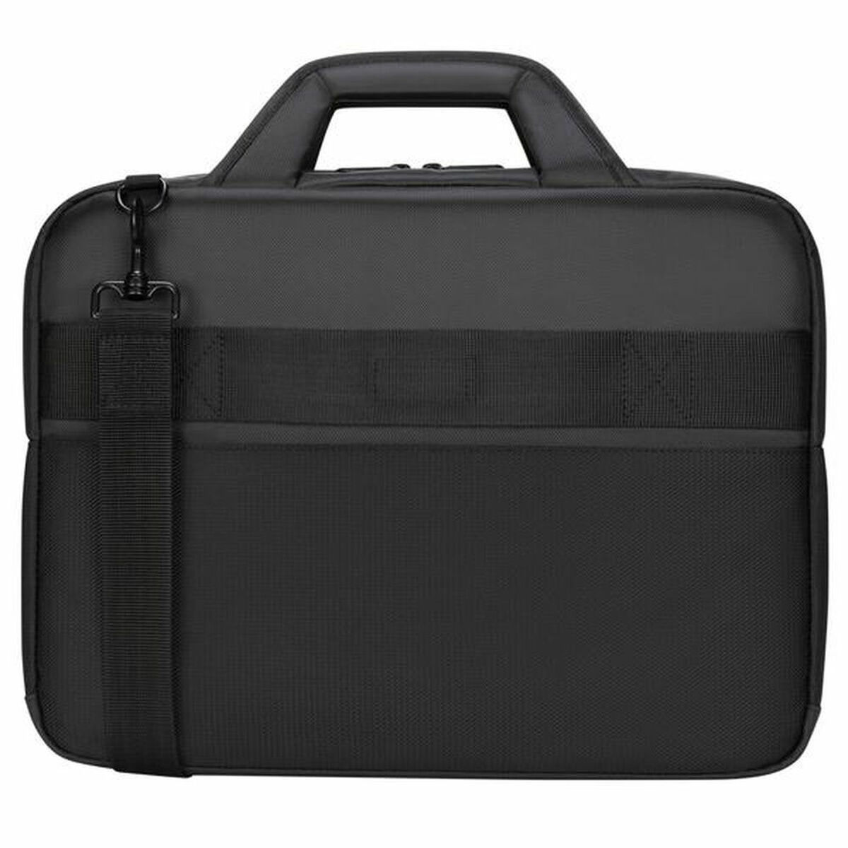 Borsa per laptop nera con maniglia e tracolla. La tracolla è attaccata. La borsa è rettangolare e semplice.