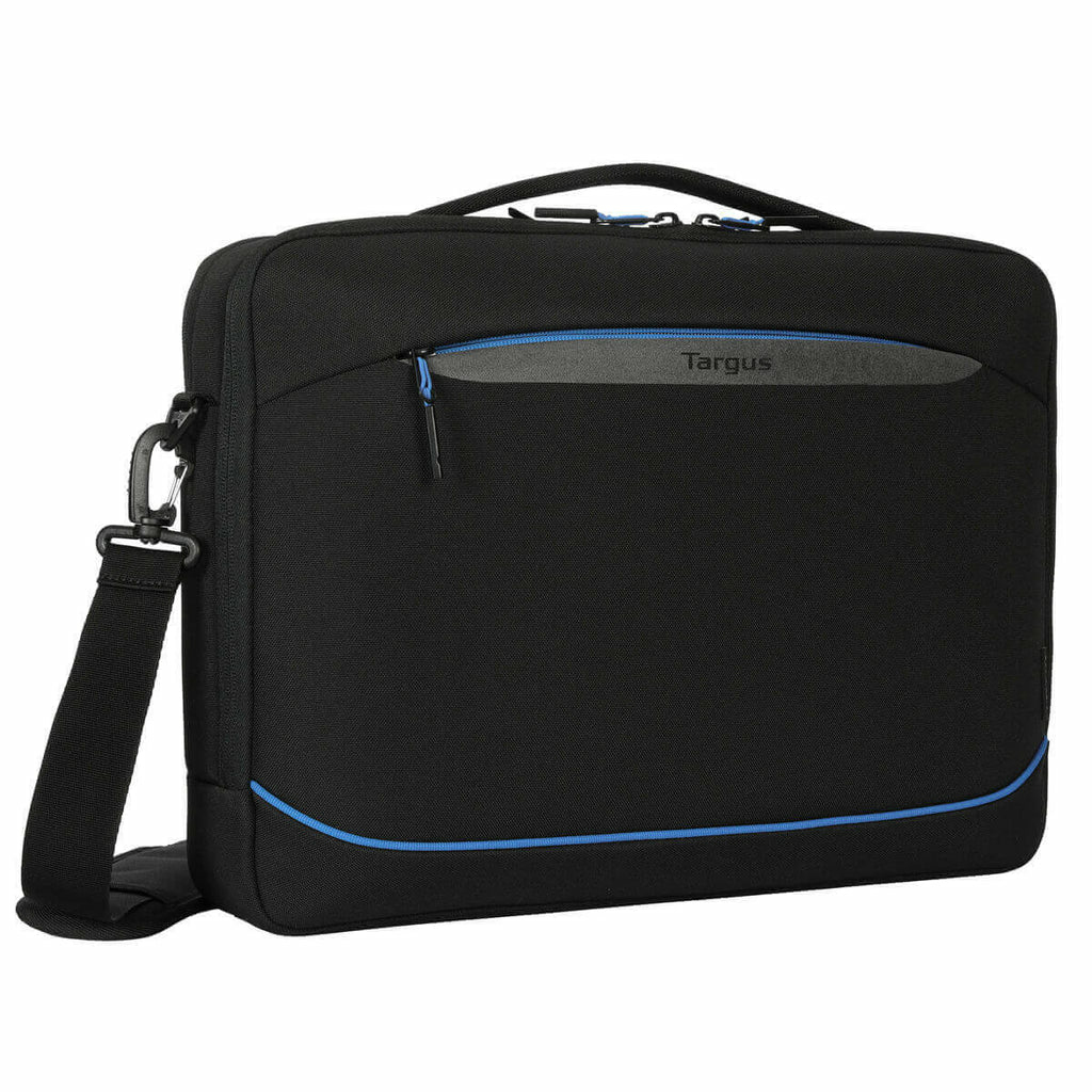 Borsa nera per laptop con una striscia blu. Tracolla e manico visibili.