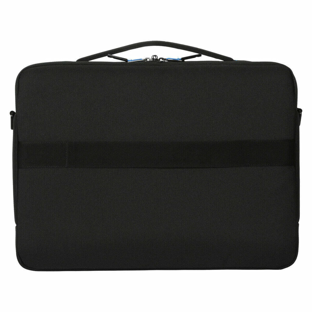 Una borsa per laptop nera con una cinghia nera. La borsa ha una cinghia orizzontale al centro.