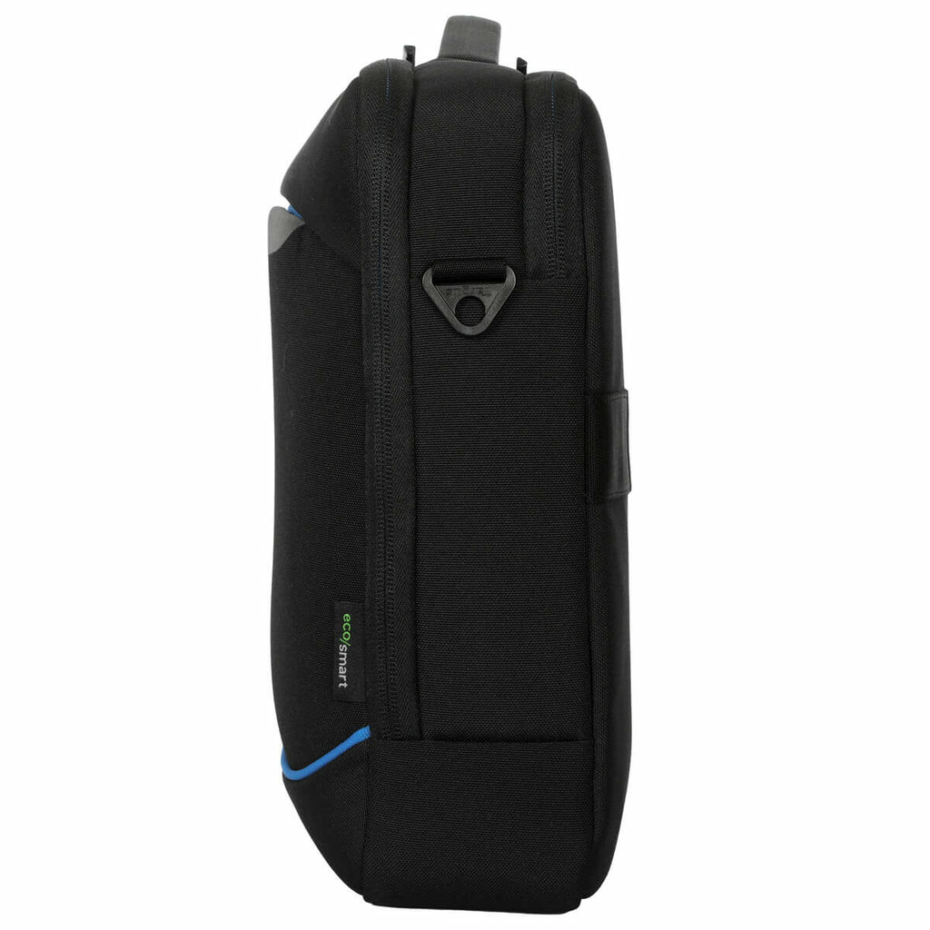 Borsa per laptop nera, vista laterale, accento blu, etichetta eco/smart.