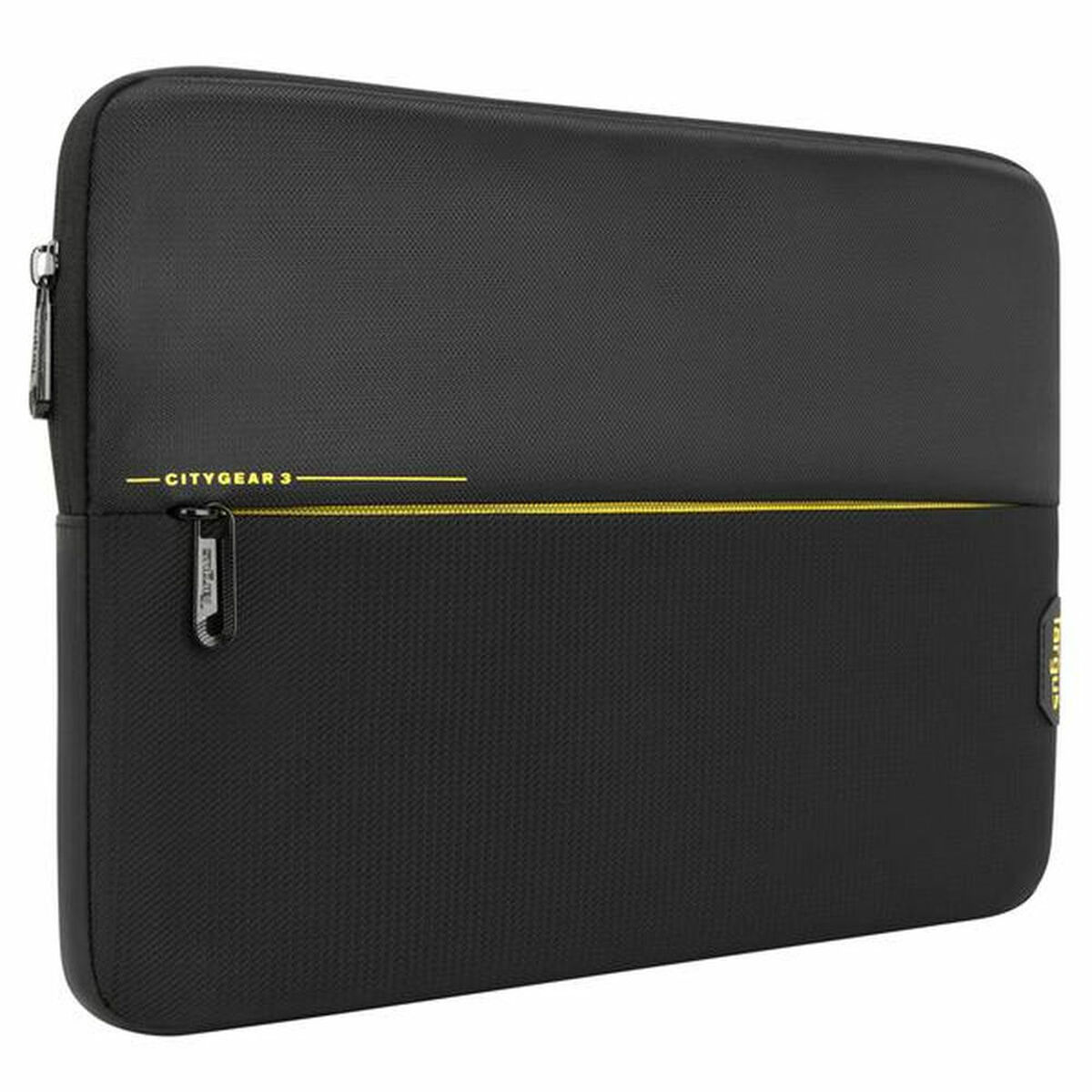 Custodia per laptop nera con cerniera e finiture gialle. Le parole "CITYGEAR 3" sono visibili. Logo Targus.
