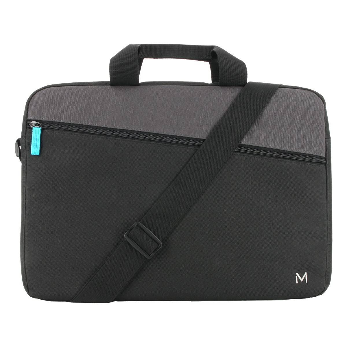 Borsa per laptop nera e grigia con tracolla e cerniera con tiretto blu.