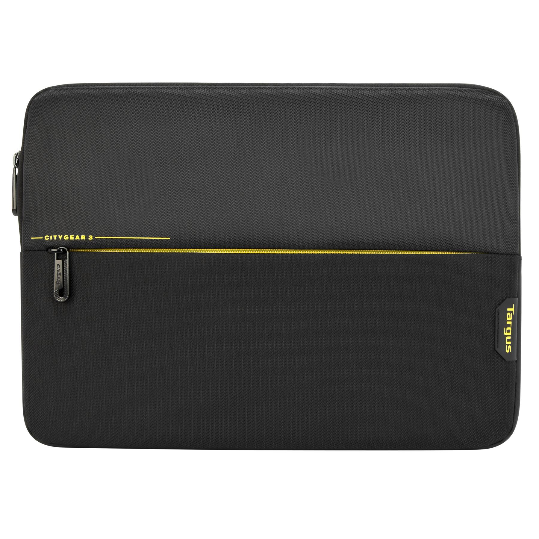 Custodia nera per laptop, cerniera gialla, logo Targus, testo Citygear 3.