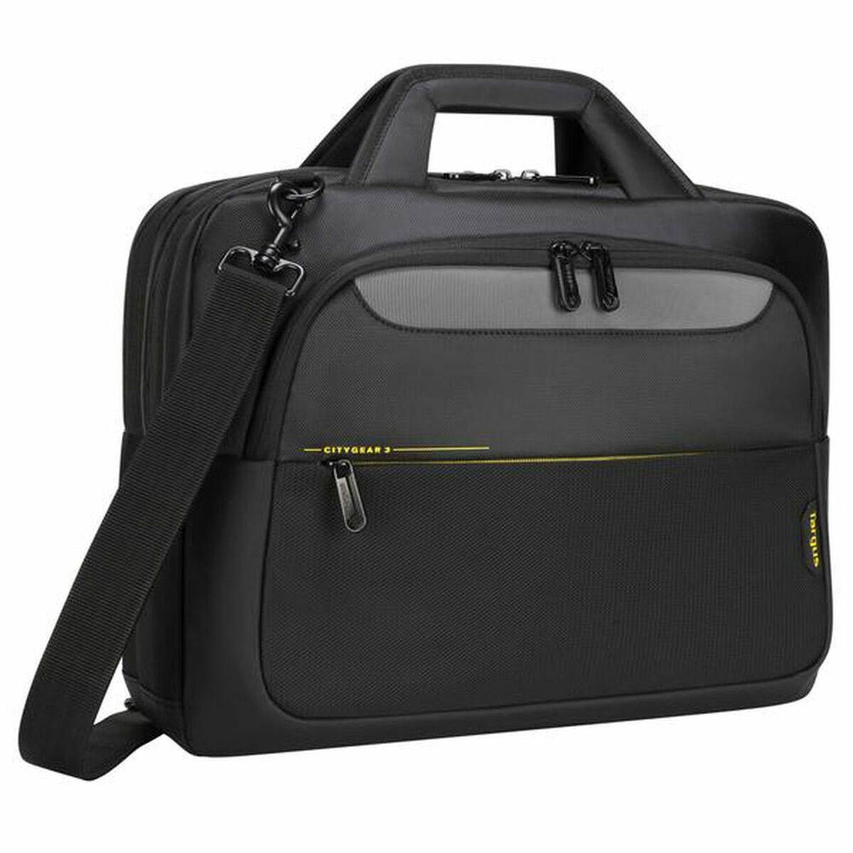 Borsa nera per laptop con accento grigio. Include una tracolla. 'Citygear' è scritto sulla borsa.