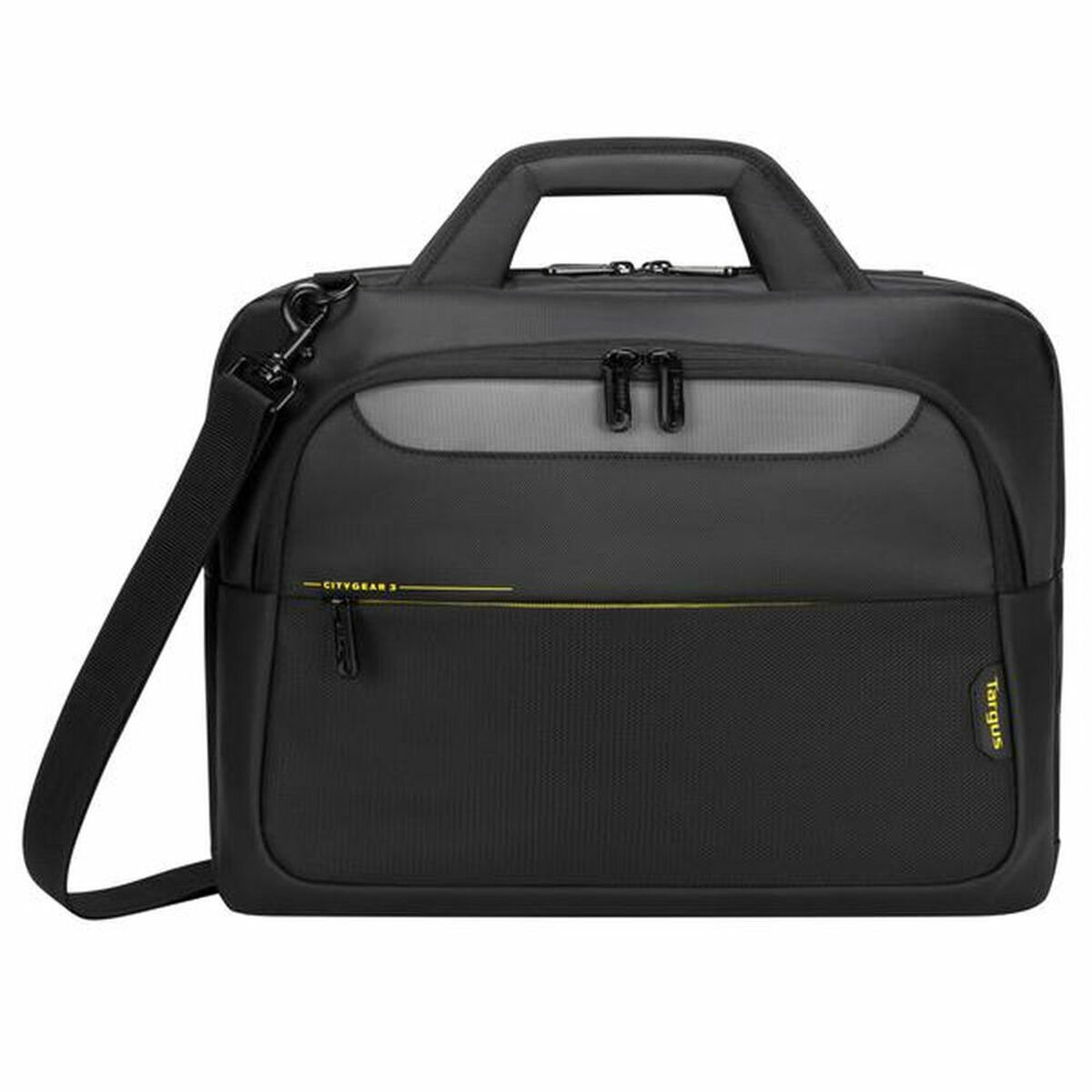 Borsa nera per laptop, accento grigio, maniglia, tracolla, marchio Targus, Citygear.