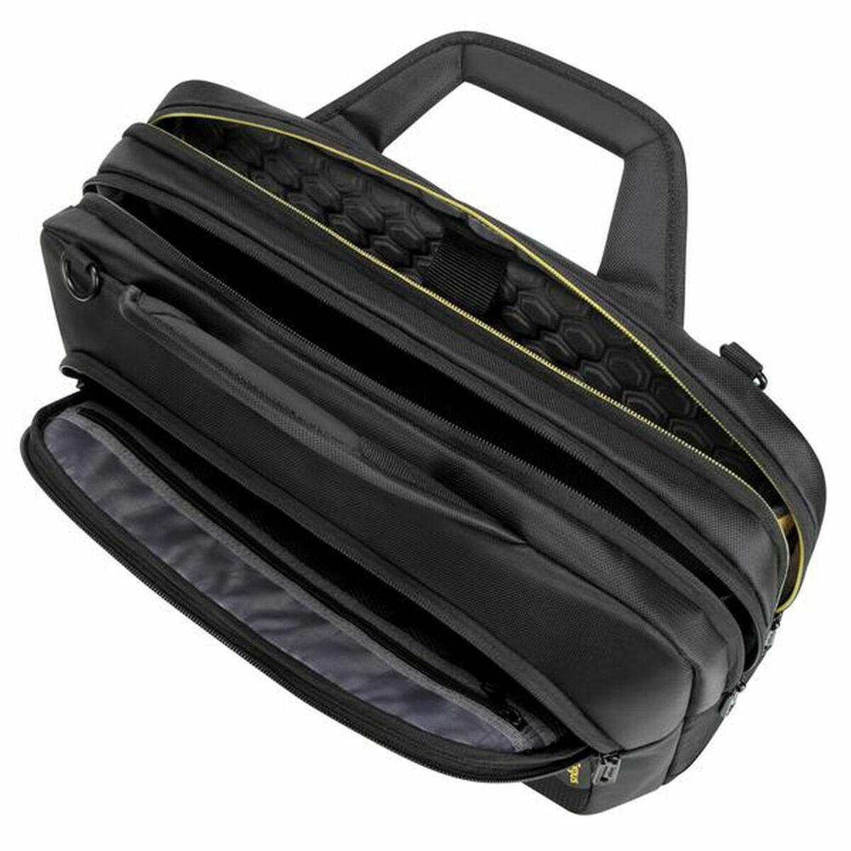 Borsa nera con scomparti multipli. Dettagli con cerniera gialla sono presenti.