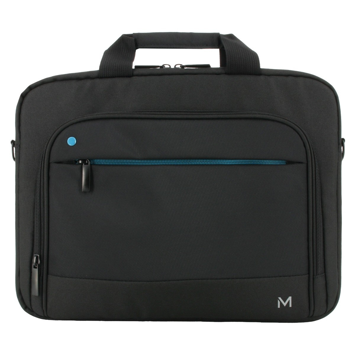 Borsa nera per laptop con cerniera blu. La borsa ha una maniglia e una tasca frontale.