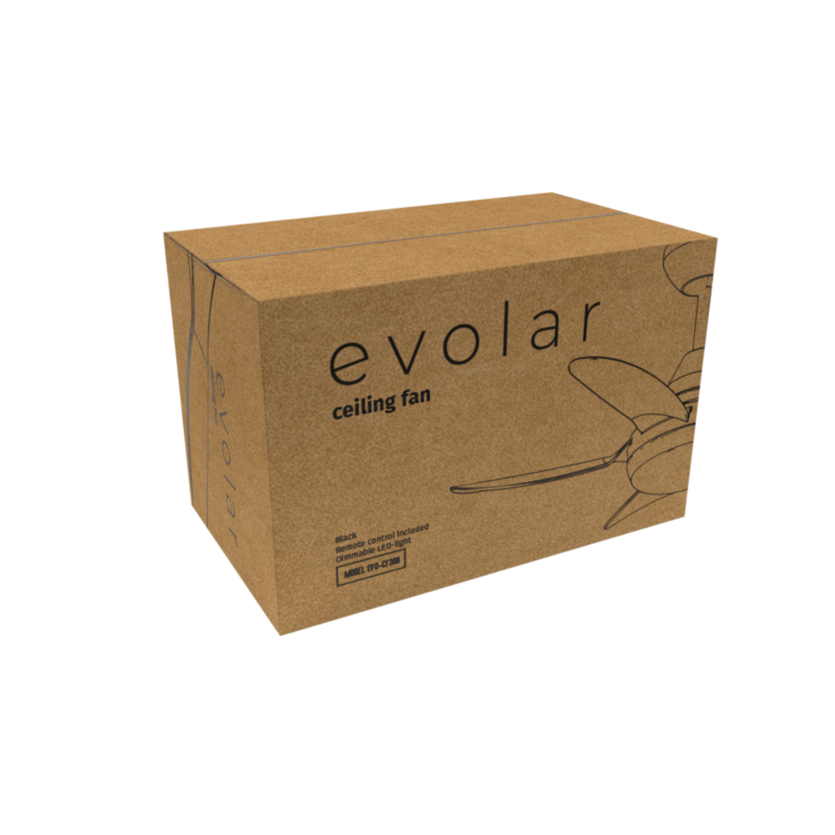 Cardboard box with a ceiling fan illustration. Text: 'Evolar ceiling fan'.