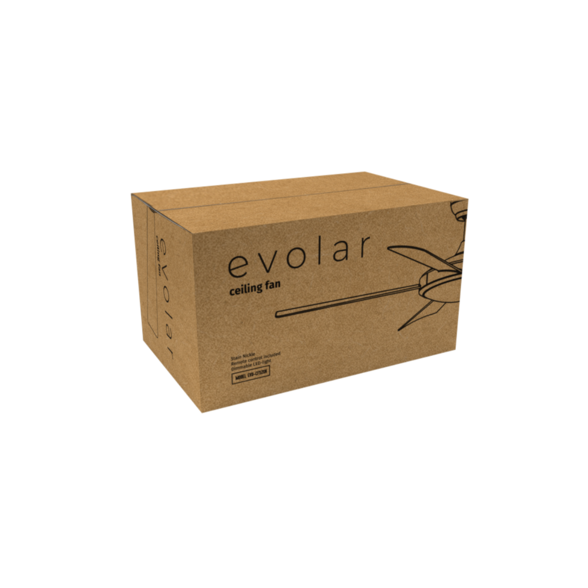 Brown box with text: evolar ceiling fan. A drawing of a fan is on the box.