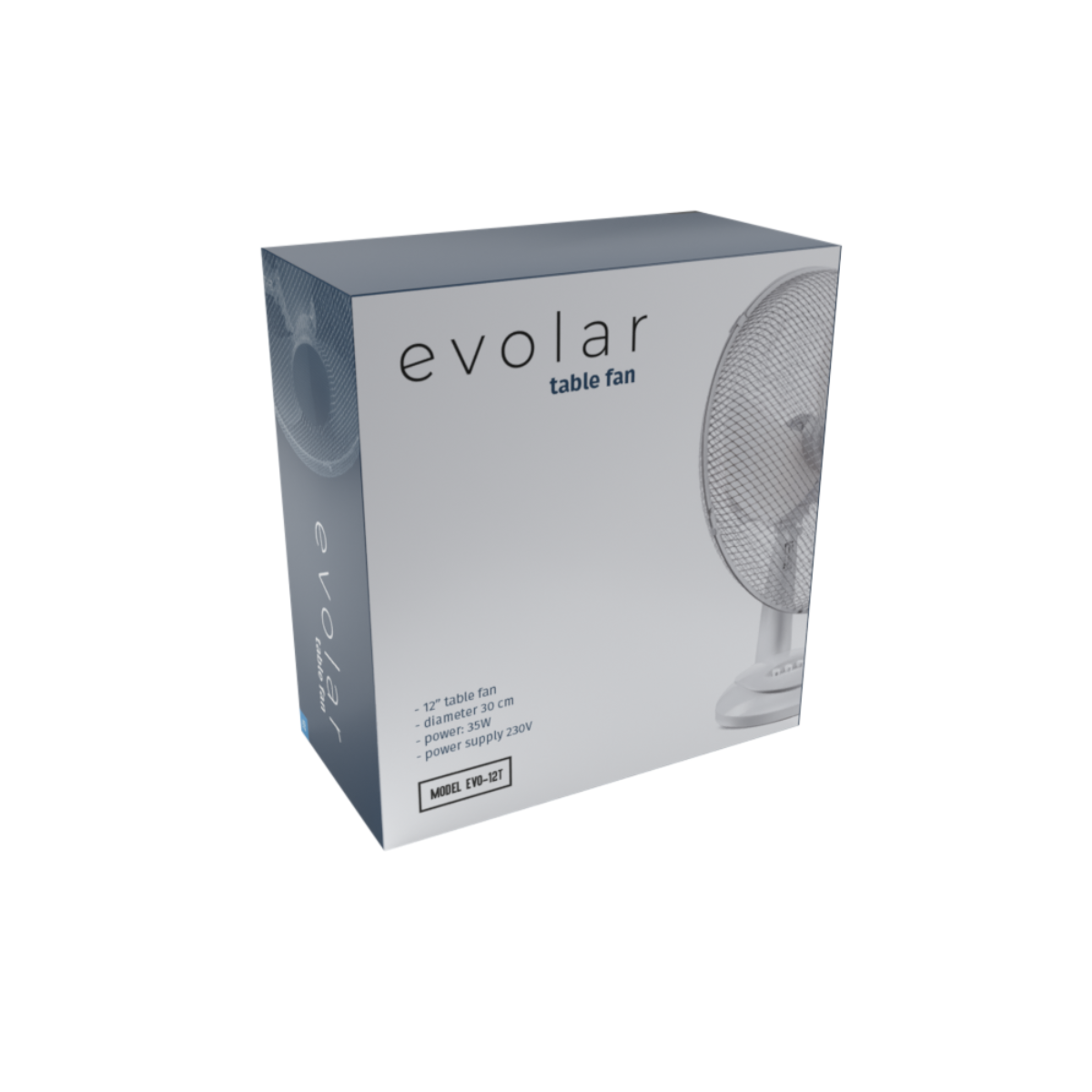 White and gray box with text: evolar table fan. A drawing of a fan is on the box.