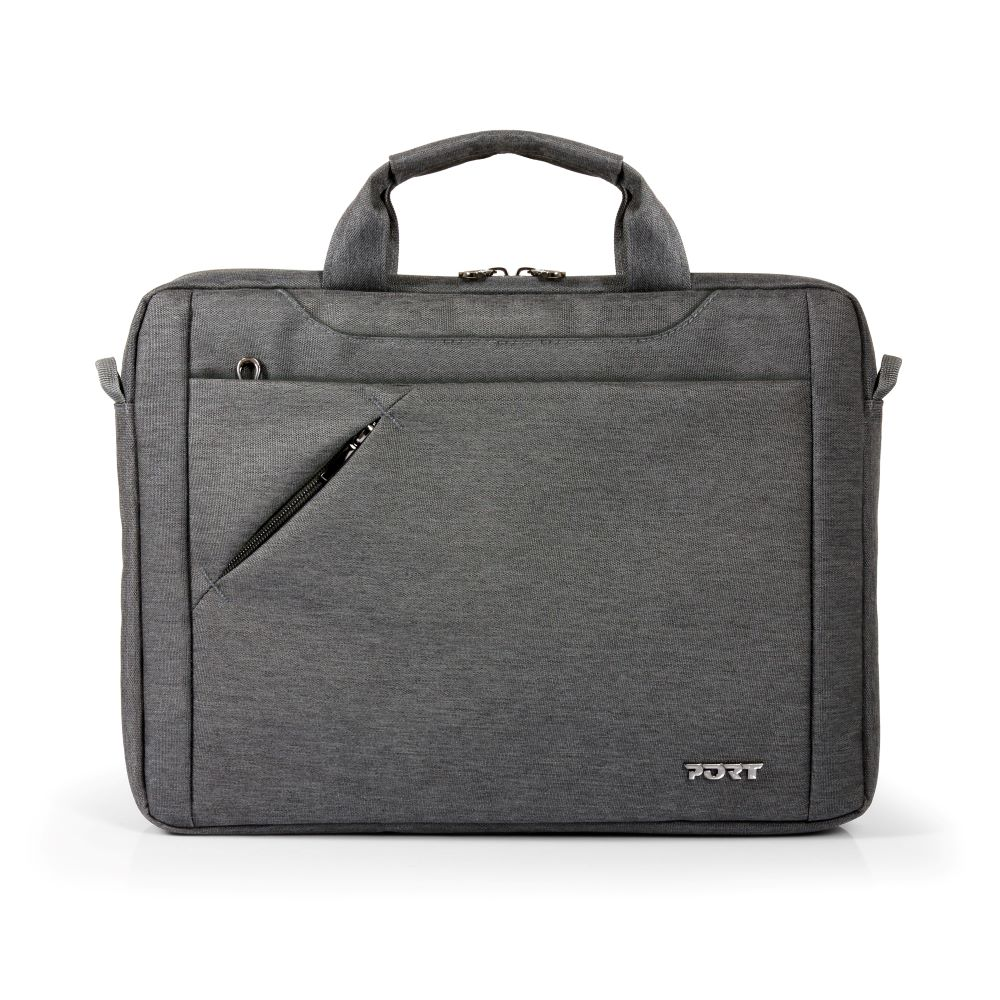 Borsa grigia per laptop. Tasca frontale, cerniera. Maniglia in alto. Logo PORT.