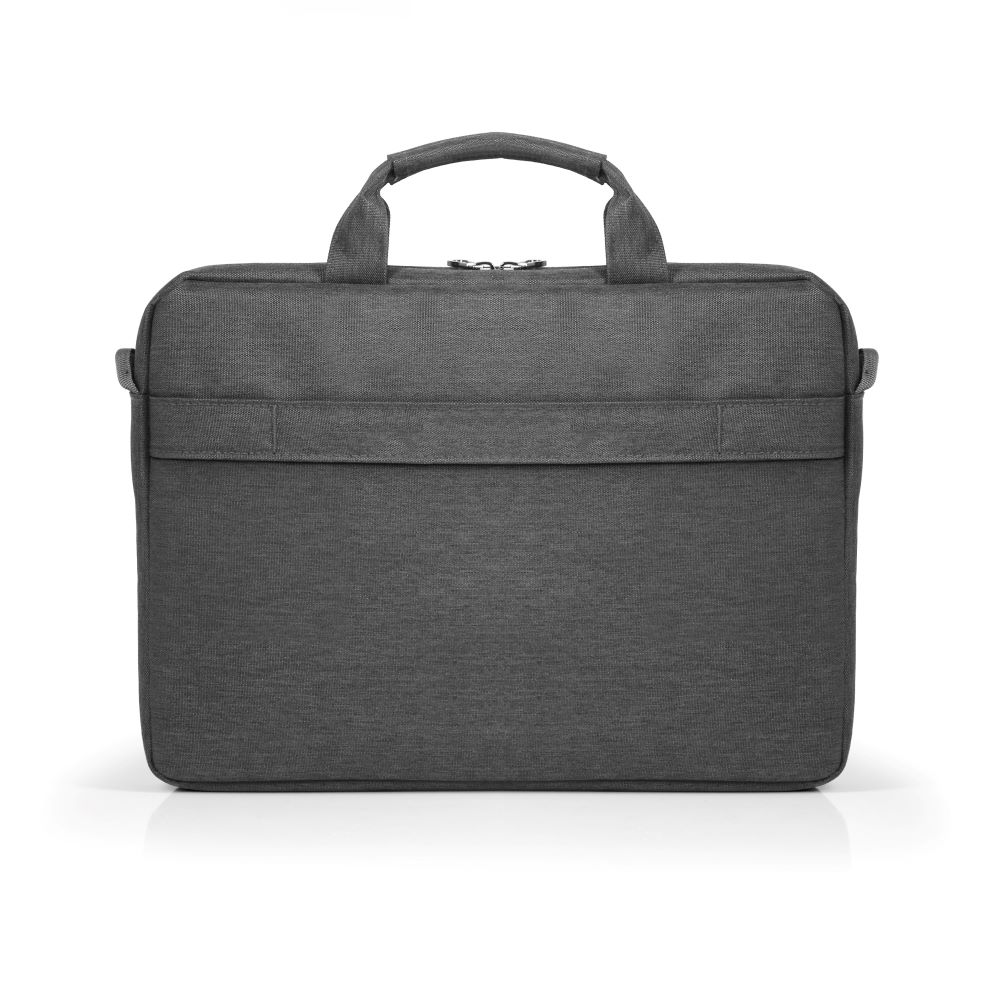 Borsa grigia per laptop, manico, design orizzontale, vista frontale, stile semplice.