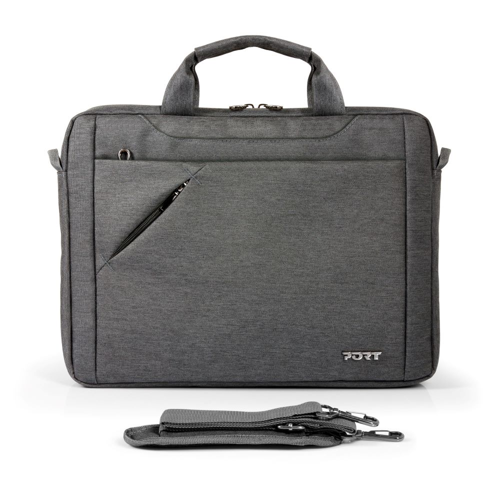 Borsa grigia per laptop. Include una tracolla. Tasca frontale, cerniera.