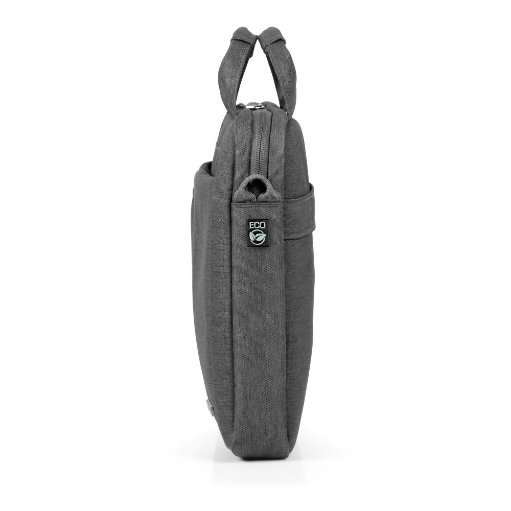 Borsa grigia per laptop con manico laterale. Logo ecologico visibile.