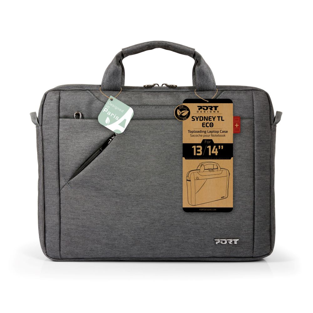 Borsa per laptop grigia Port Designs con etichette, manico e cerniera.