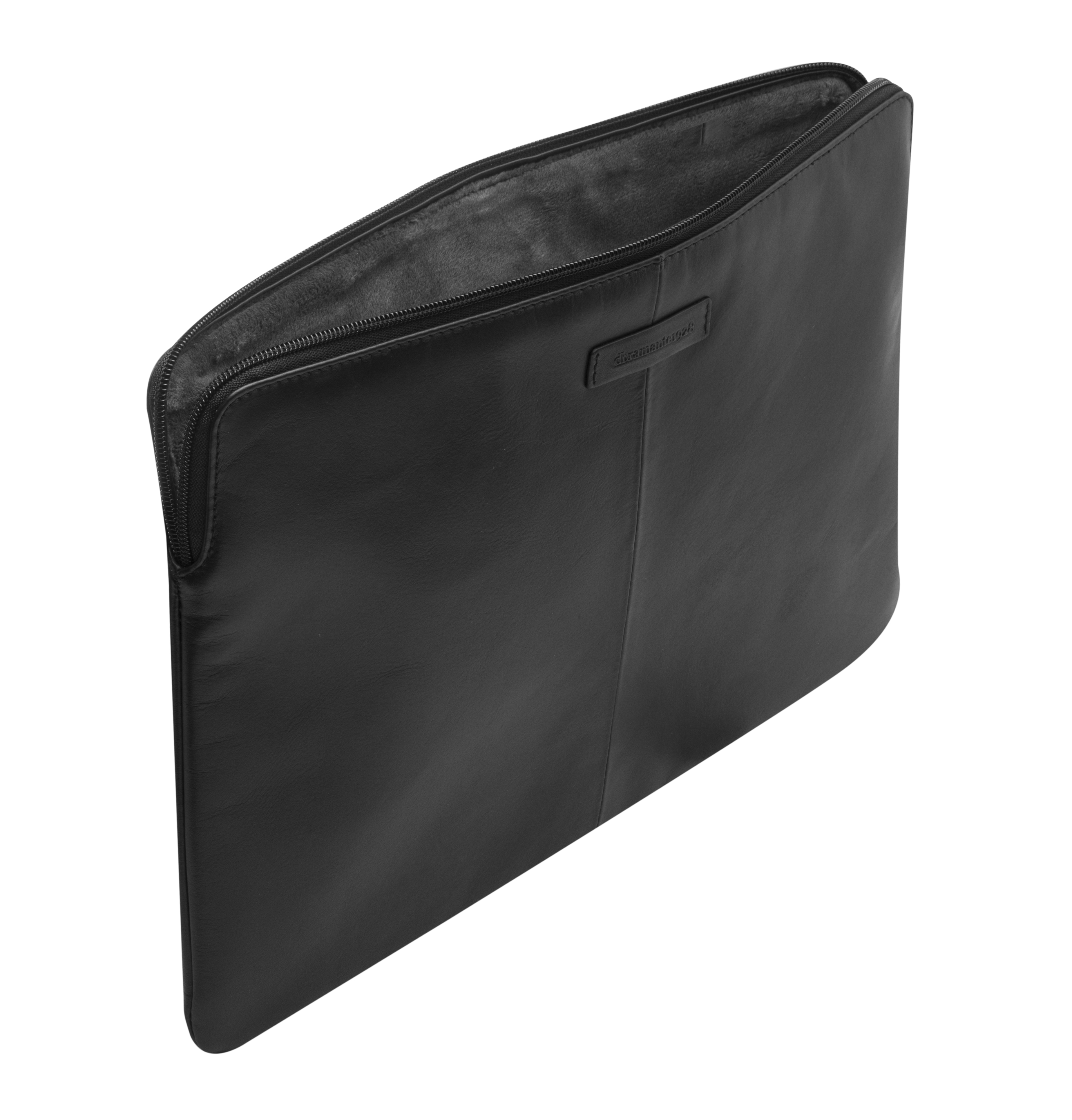 Custodia per laptop nera con cerniera. Esterno in pelle e interno morbido.