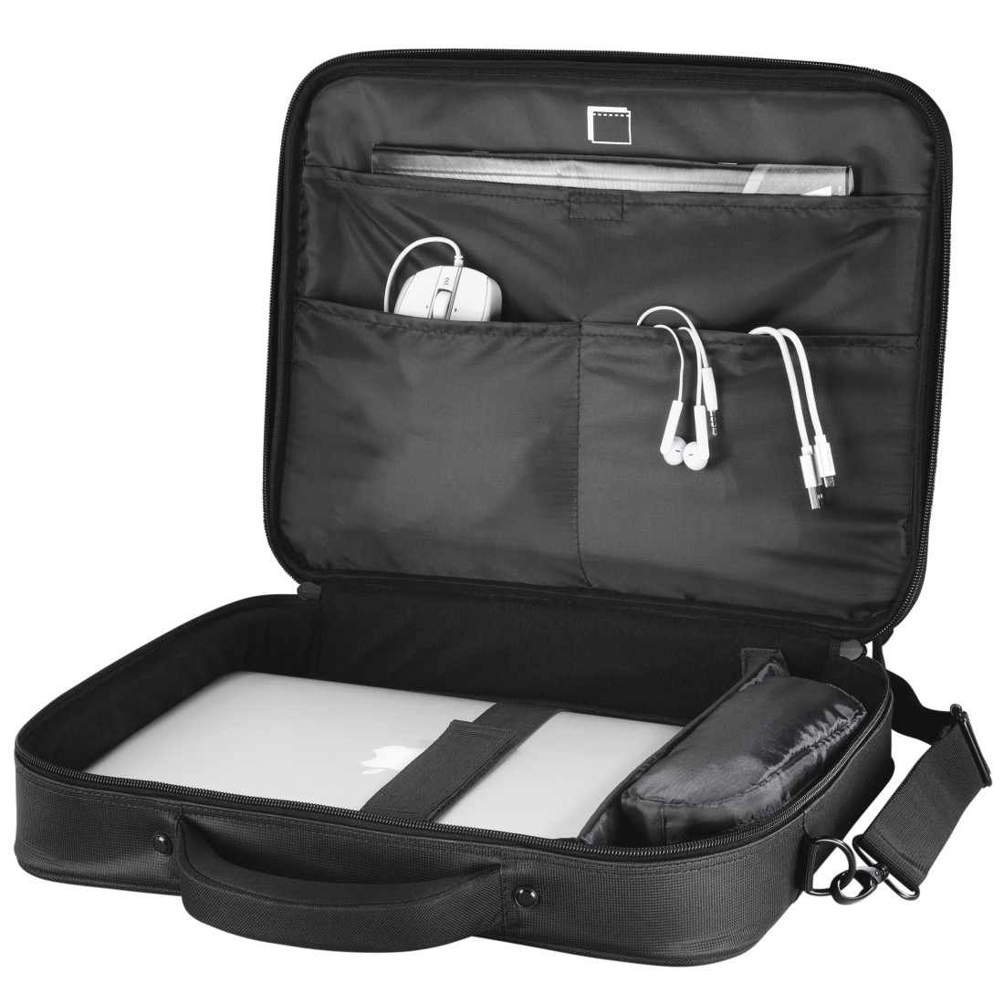 Borsa per laptop nera aperta con diversi scomparti e un laptop all'interno.