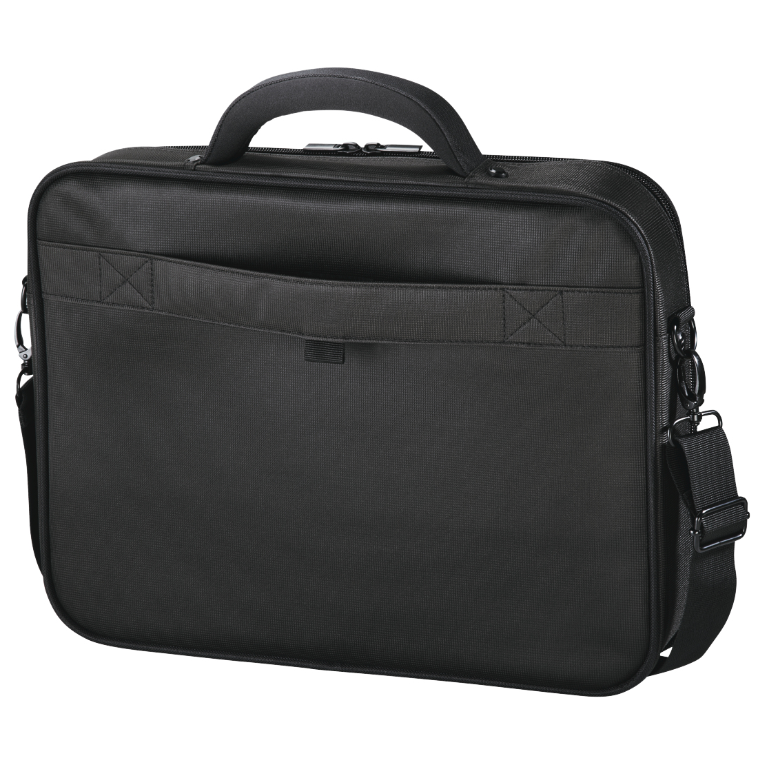 Borsa per laptop Hama nera con maniglia, tracolla e tasca frontale. Su sfondo bianco.