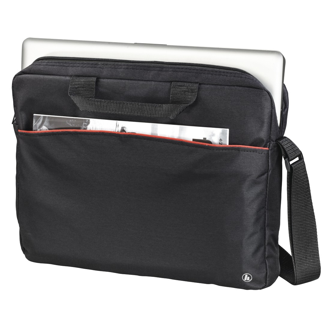 Eine schwarze Laptoptasche, geöffnet mit Laptop und Zeitschrift. Rote Zierleisten akzentuieren den Rand.
