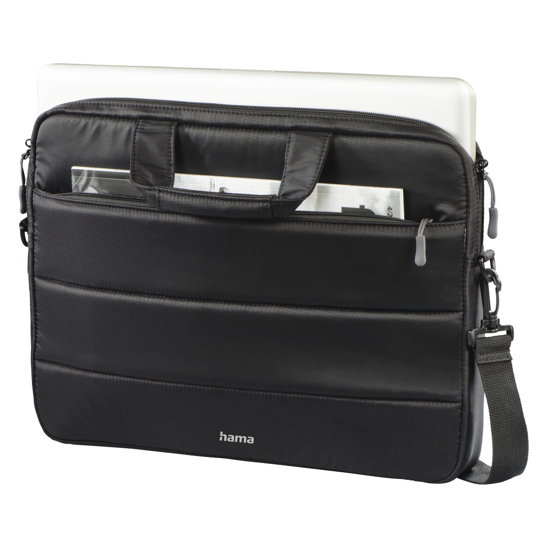 Schwarze Laptoptasche mit Griff und Schultergurt. Reißverschlusstasche und offene Tasche sichtbar.