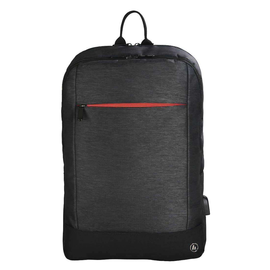 Zaino nero con cerniera rossa e fondo nero. Su sfondo bianco.