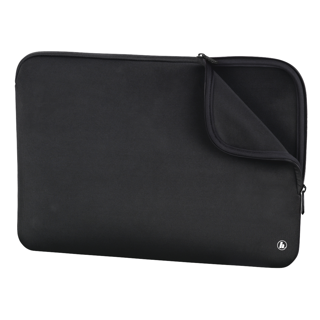 Custodia per laptop nera, aperta in alto, con cerniera e un logo su sfondo bianco.