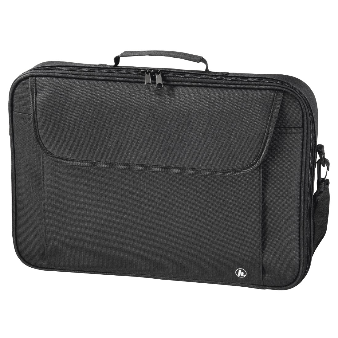 Una borsa nera per laptop con manico, cerniera e tasca frontale.