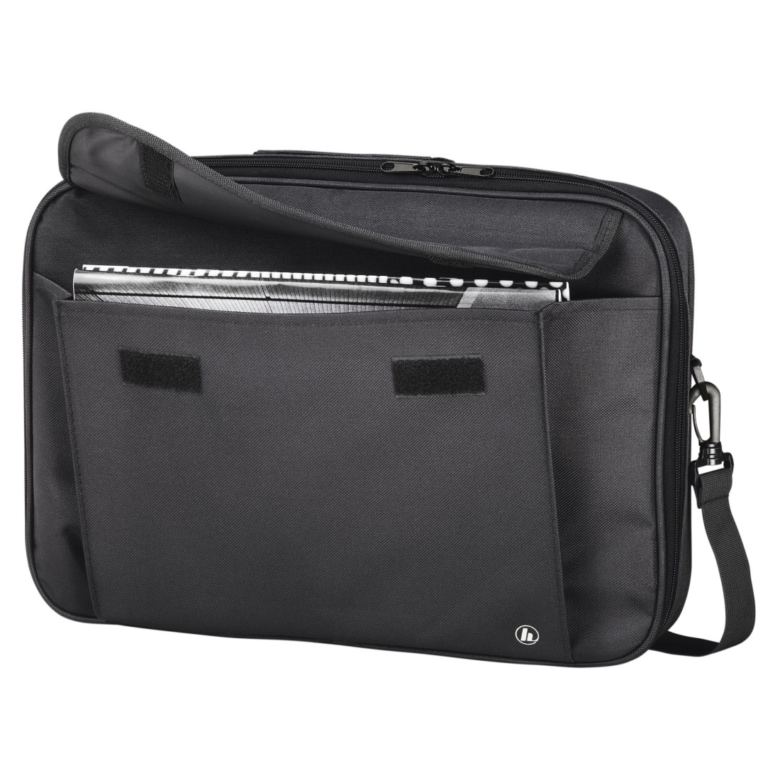 Borsa nera per laptop, aperta, con documenti all'interno. Manico nero, chiusura in velcro.