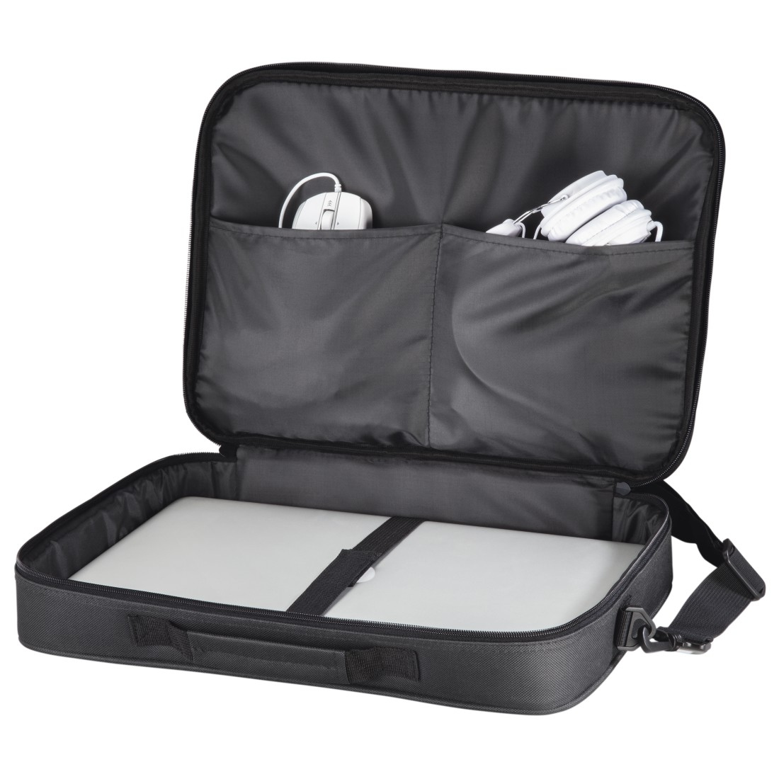 Borsa per laptop nera aperta, che mostra un laptop, un mouse bianco e cuffie bianche all'interno.