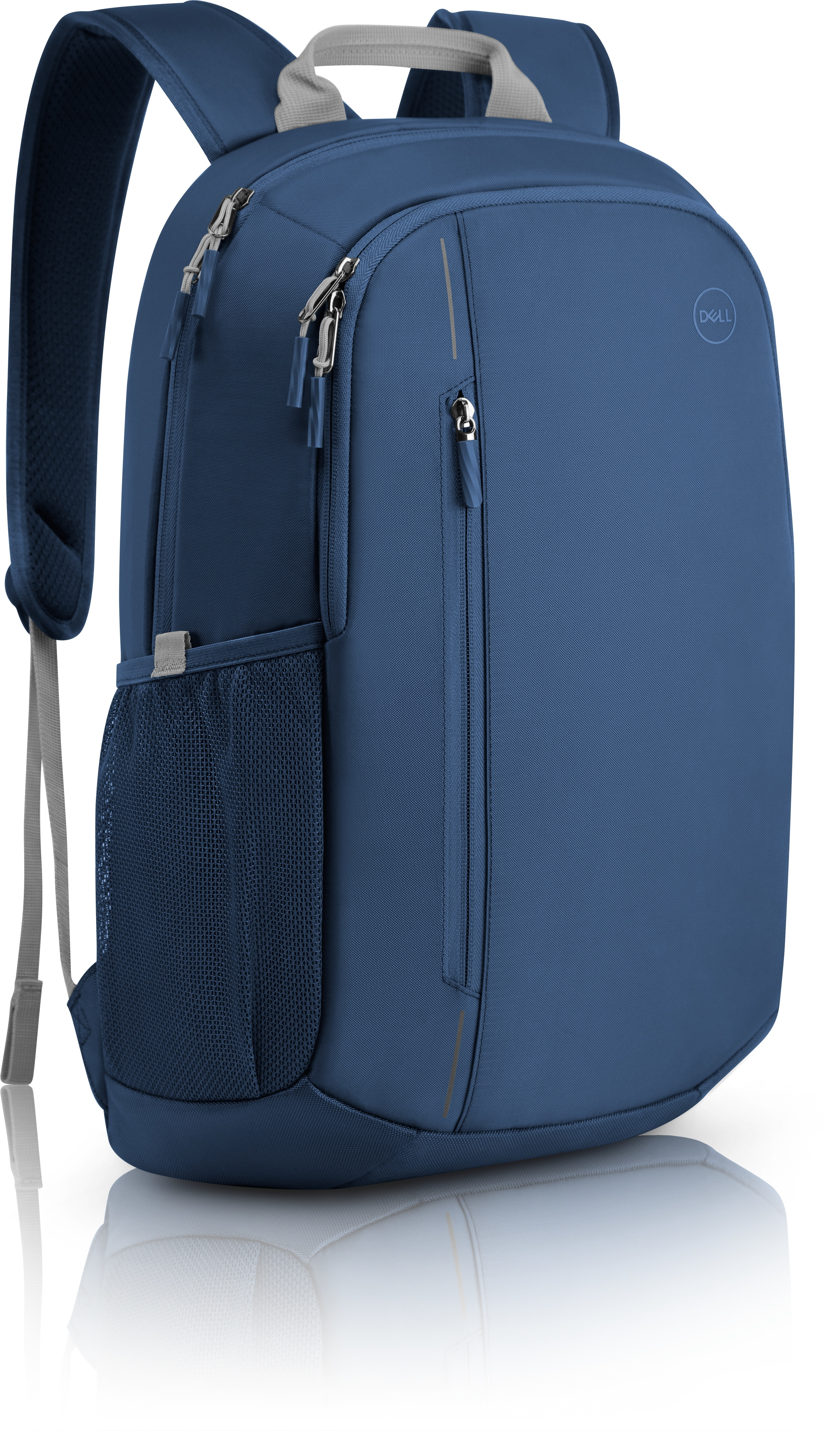 Blauer Dell Rucksack mit Seitentasche, Reißverschlüssen und Griff.