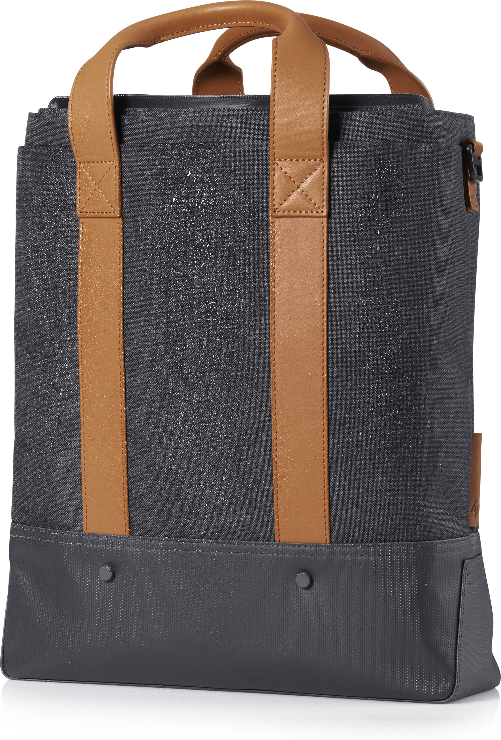 Bolso tote gris y negro con asas y detalles de cuero marrón. Tiene una base gris oscuro.