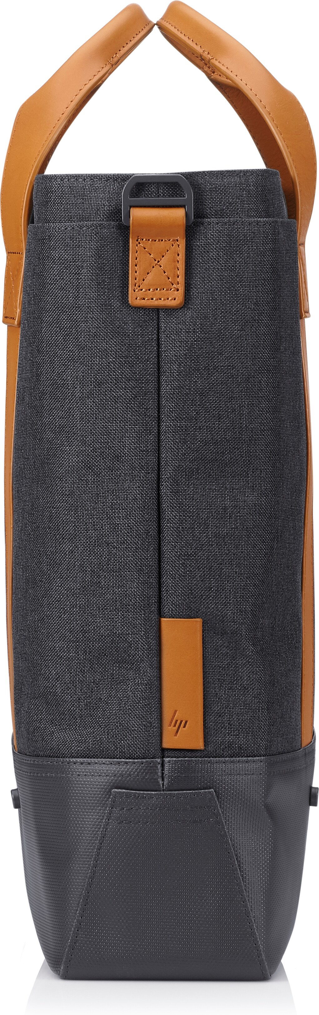 Bolso tote gris y marrón con base gris oscuro, visto desde arriba.