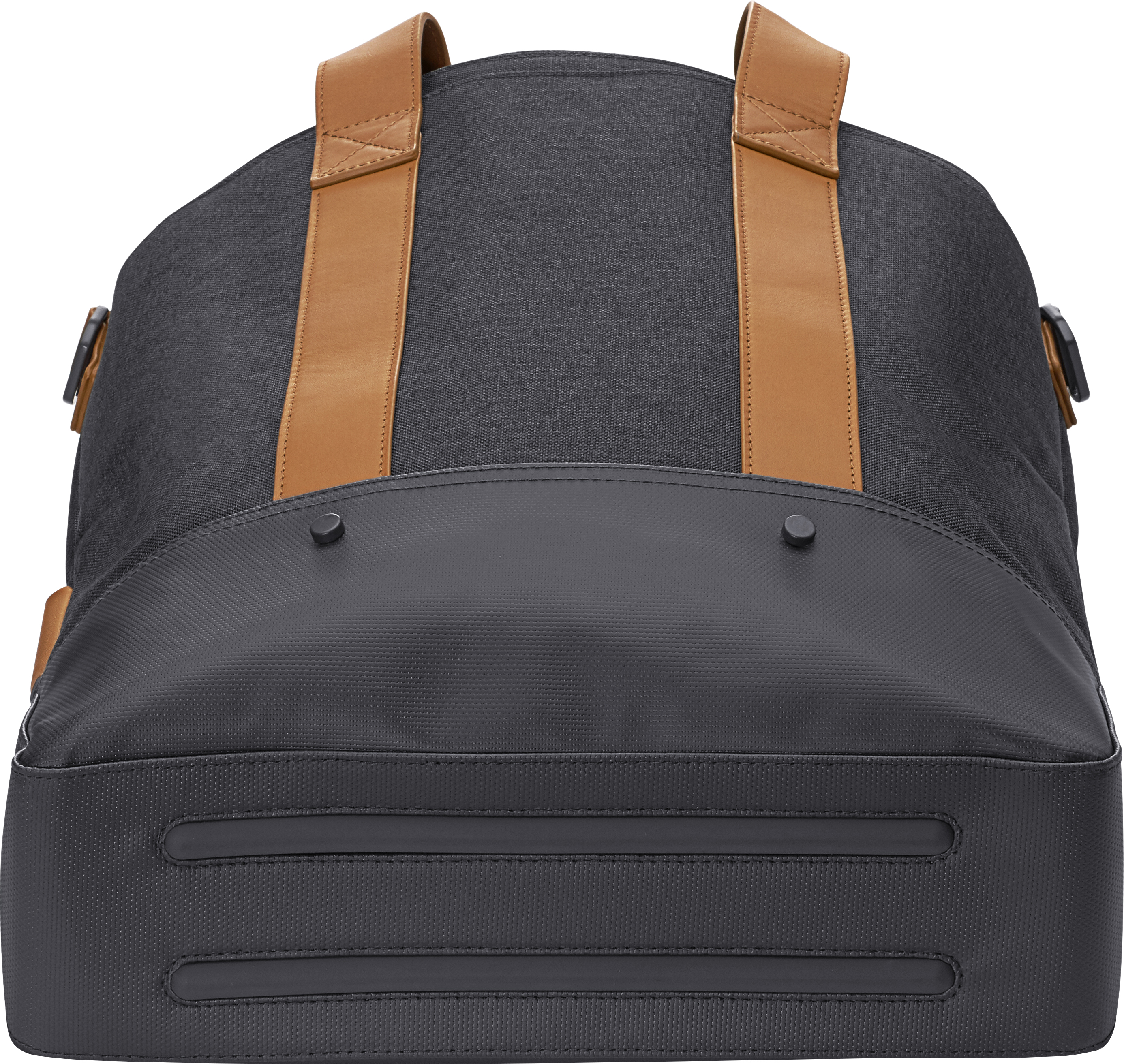 Bolsa de lona negra y gris con correas de cuero marrón, sobre fondo blanco.