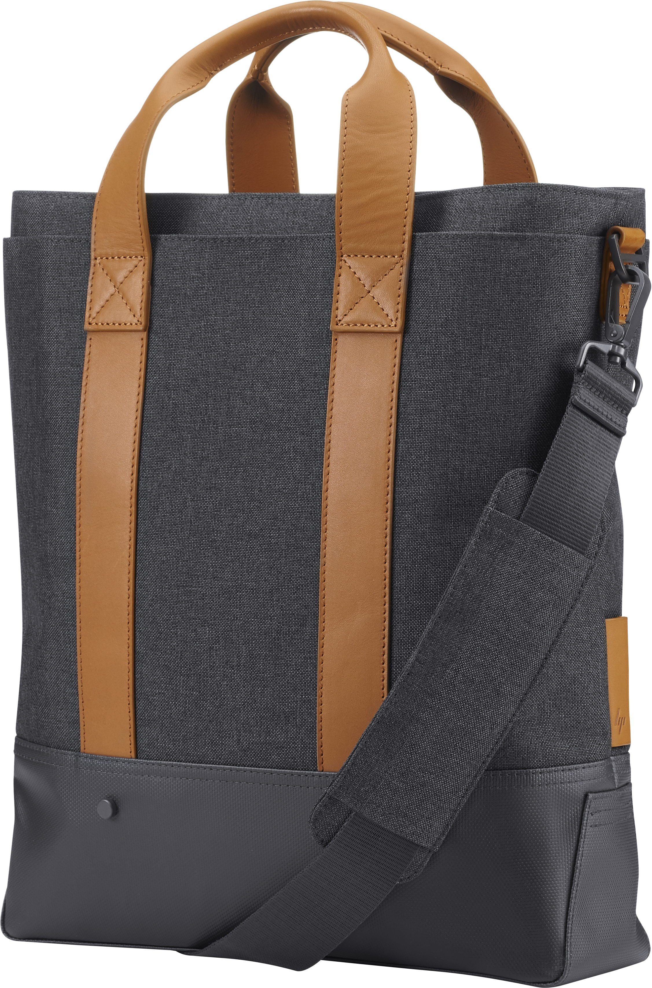 Bolso tote gris con asas y detalles de cuero marrón claro. Parte inferior gris oscuro. Fondo blanco.