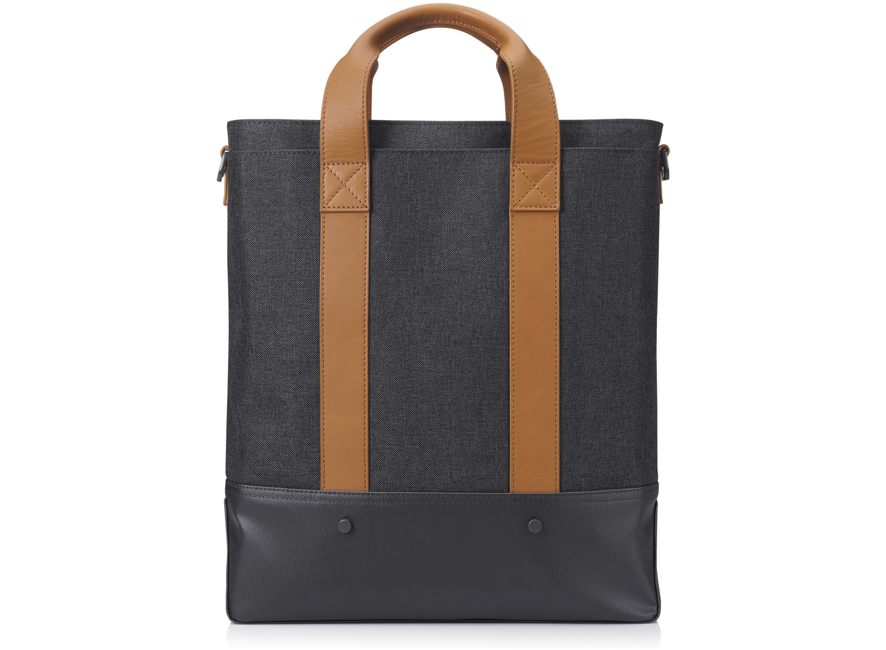 Un bolso tote gris oscuro con asas y detalles de cuero marrón. Base negra.
