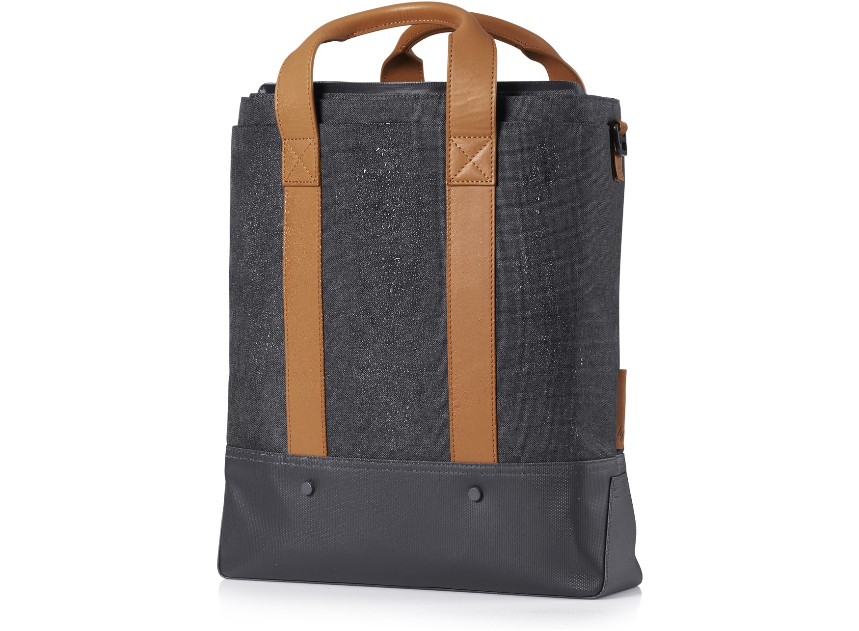 Bolso tote gris oscuro con asas y detalles marrones, sobre fondo blanco.