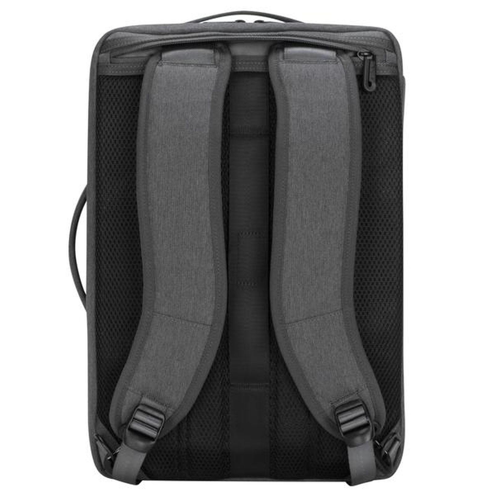 Schwarzer Rucksack mit zwei gepolsterten Schultergurten und einem Griff oben. Mesh-Rückenteil.
