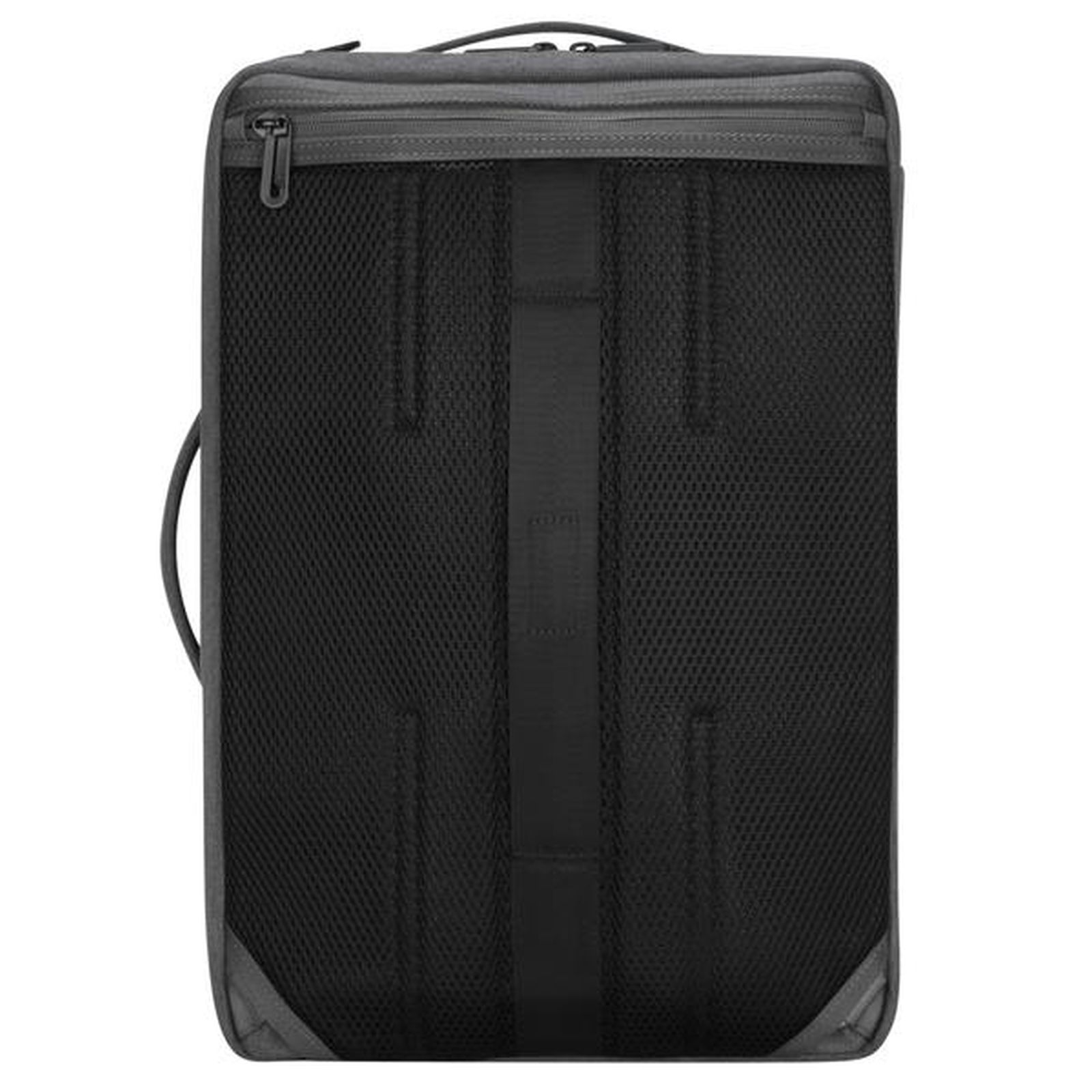 Schwarzer Rucksack mit Mesh-Rückwand und Griff. Graue Akzente und Reißverschluss.