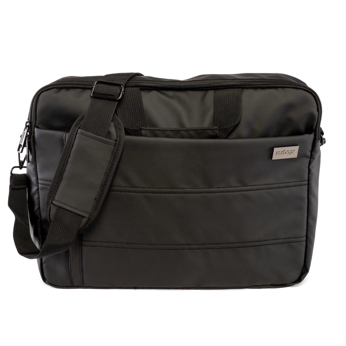 Borsa per laptop nera con tracolla. La borsa ha un manico e una tasca frontale.