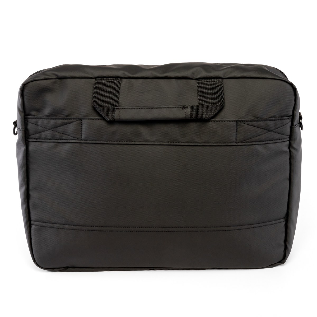 Una borsa per laptop nera con una maniglia in alto. C'è una tasca frontale e una cerniera.