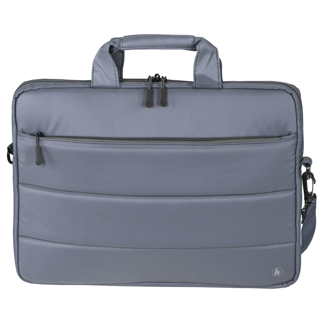 Borsa grigia per laptop con manico, tracolla e chiusura con zip.