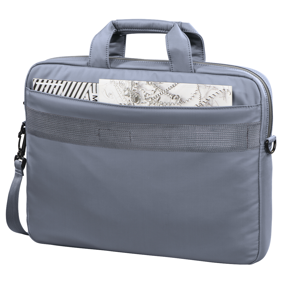 Borsa grigia per laptop con manico, tasca e tracolla. Fogli all'interno.
