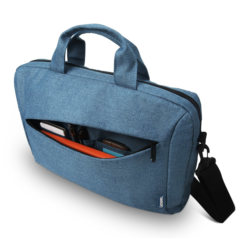 Blaue Laptoptasche mit offener Tasche. Enthält Notizbuch und Stifte. Schwarzer Schulterriemen.