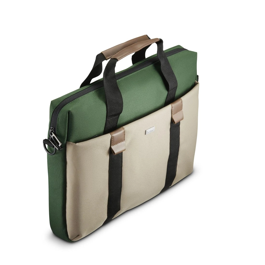 Borsa per laptop verde e beige. Ha manico e dettagli marroni. Aperta, con una leggera angolazione.
