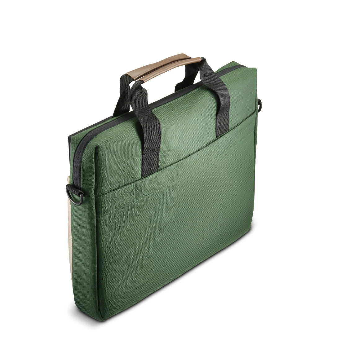 Borsa verde e beige per laptop con manico e tracolla. Tasca frontale visibile.