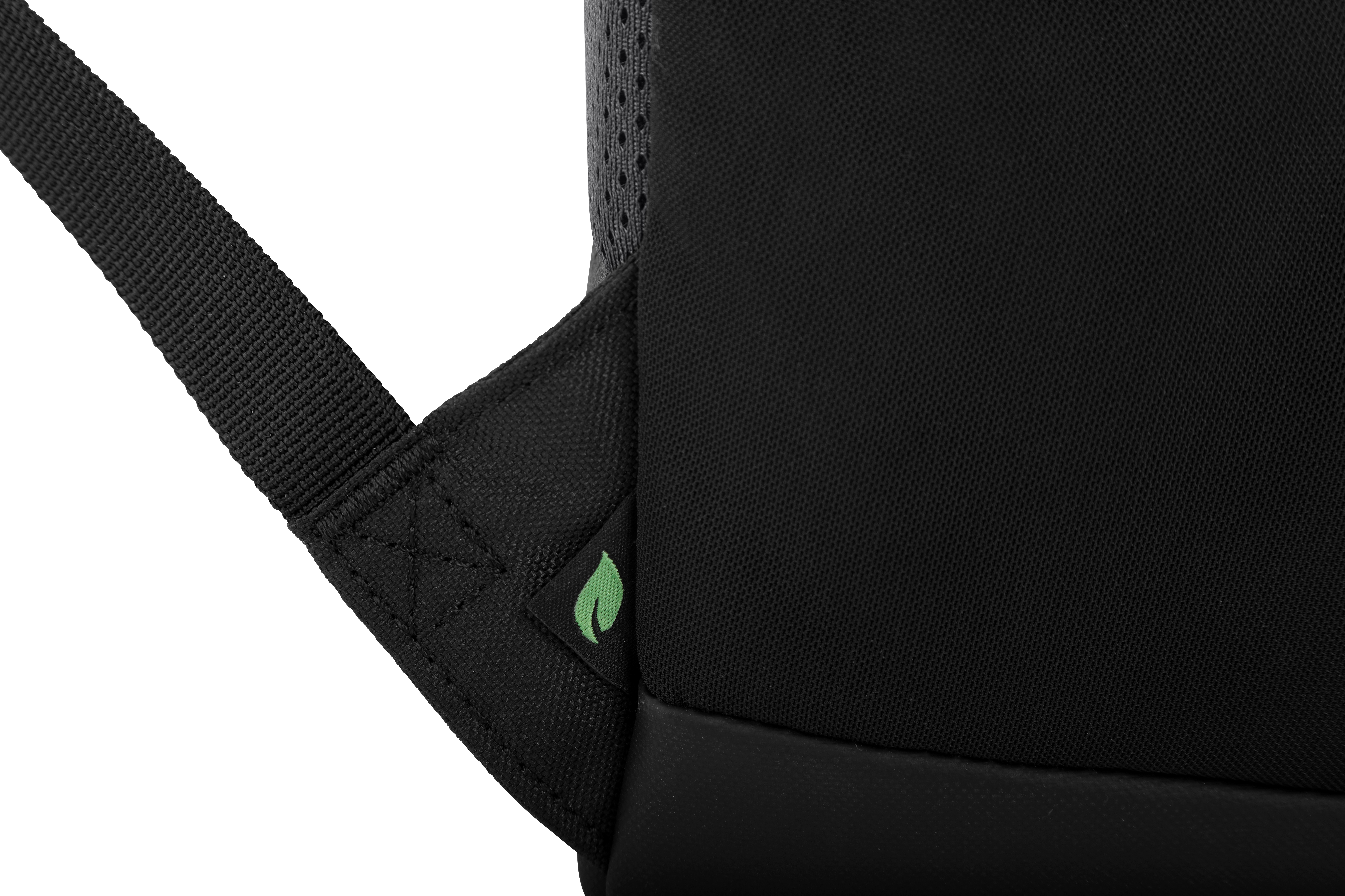 Zaino nero con logo a foglia verde. Cinturino nero.