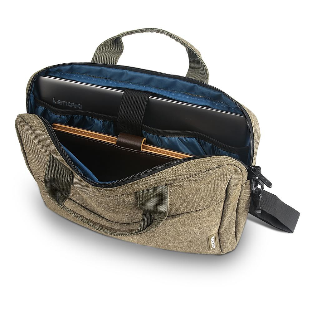 Borsa per laptop verde oliva, aperta per mostrare un laptop e documenti. Fodera blu.