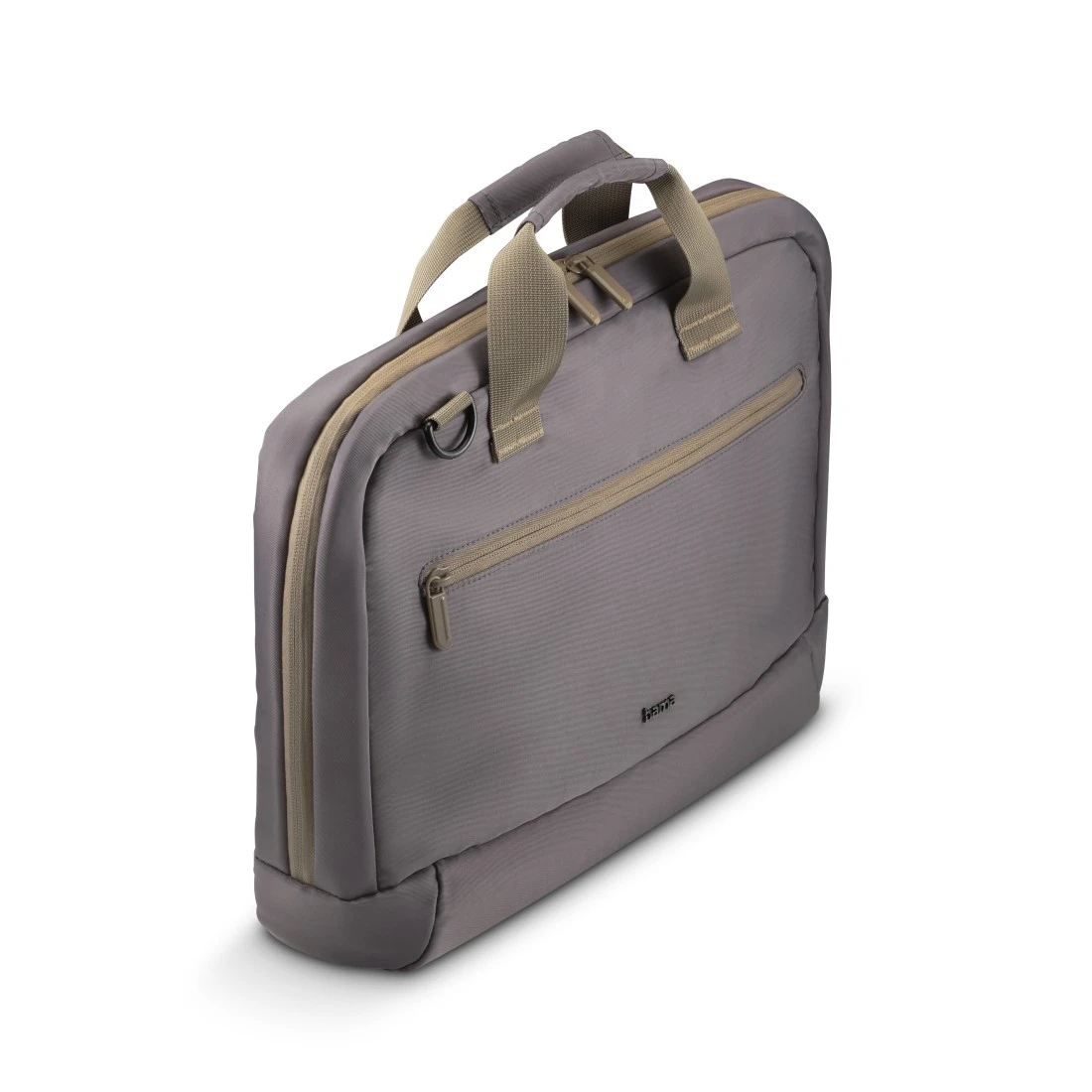 Szara torba na laptopa z beżowymi akcentami. Ma uchwyt, zamek błyskawiczny i boczny zamek błyskawiczny.
