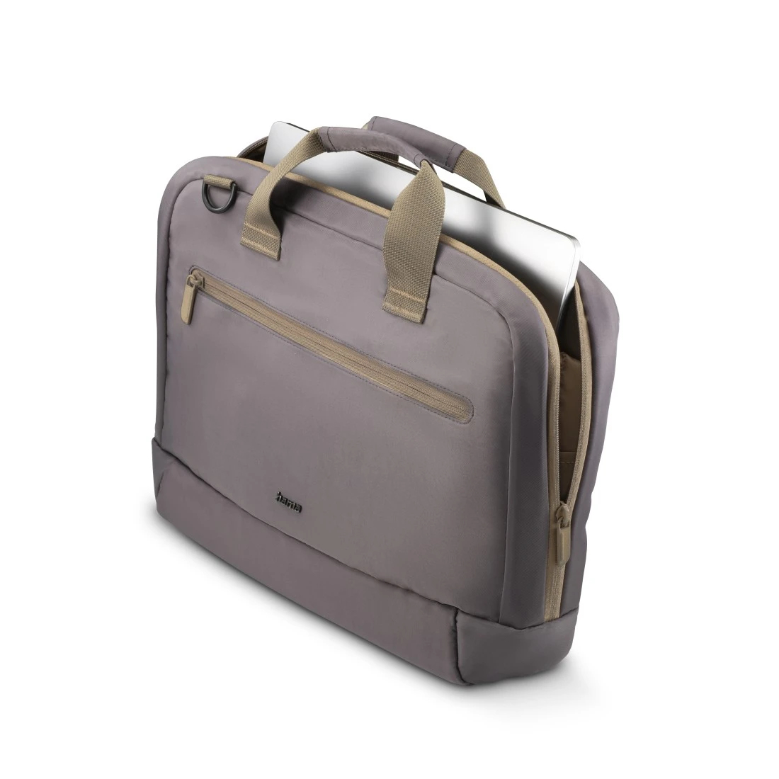 Szara torba na laptopa z zamkiem błyskawicznym, uchwytem i częściowo widocznym laptopem w środku.